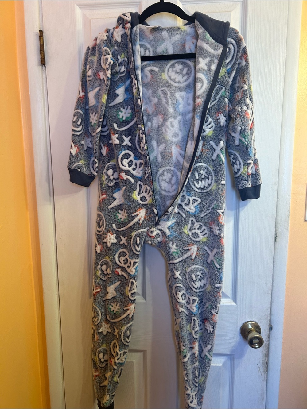 Grey Fleece One-Piece Jumpsuit Hoodie with Multicolor Graphic Print